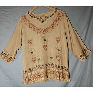 Tan Long Sleeve One Size Boho Indian Embroidered V Neck Tunic Flaw‎